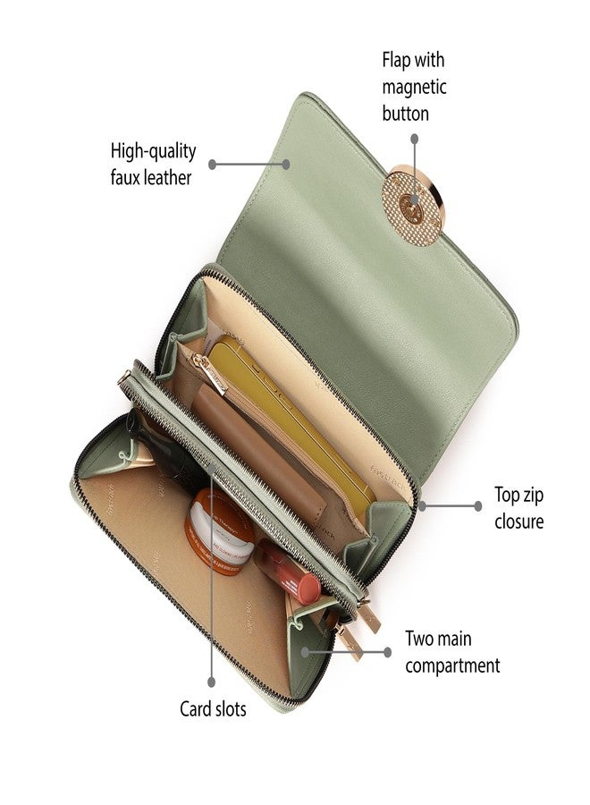 Fastrack Women's Convertible Clutch with Adjustable Sling | Flap and Magnetic Button Closure | Dual Zip Compartments, Card Slots and Inner Zip Pocket | Stylish Everyday Clutch, Green - Image 3